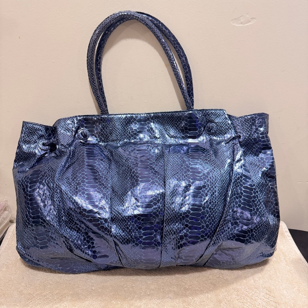 Carlos Falchi Women's Metallic Blue Snakeskin Pleated Large Tote Bag
